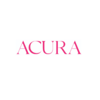 The image shows the word "ACURA" in uppercase pink letters on a white background.