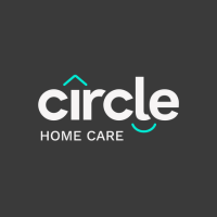 Logo for "Circle Home Care" on a dark background. The word "circle" has a roof shape over the "r" and a turquoise curved line under the "l" and "e".