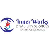 Logo for InnerWorks Disability Services featuring stylized hands surrounding a person in a wheelchair, with the tagline "Inner Peace Begins Here.