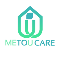 Logo for METOU CARE featuring a stylized house outline with an abstract "i" and "u" design inside, and the text "METOU CARE" below in gradient teal and green.