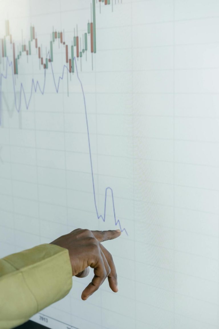 A person points at a sharp downward trend on a financial chart displayed on a large screen.